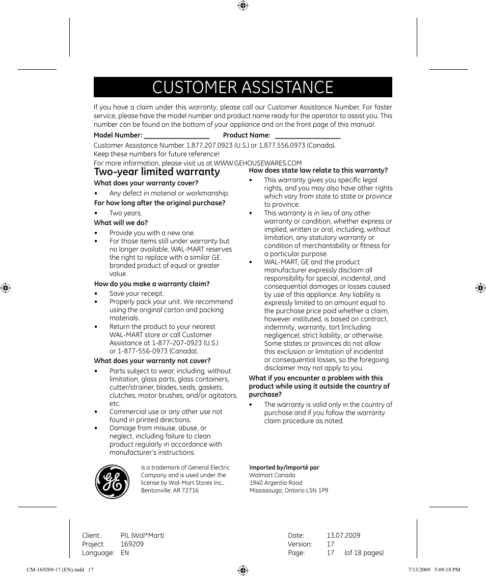 Customer assistance, Two-year limited warranty | GE 681131692090 User Manual | Page 17 / 17