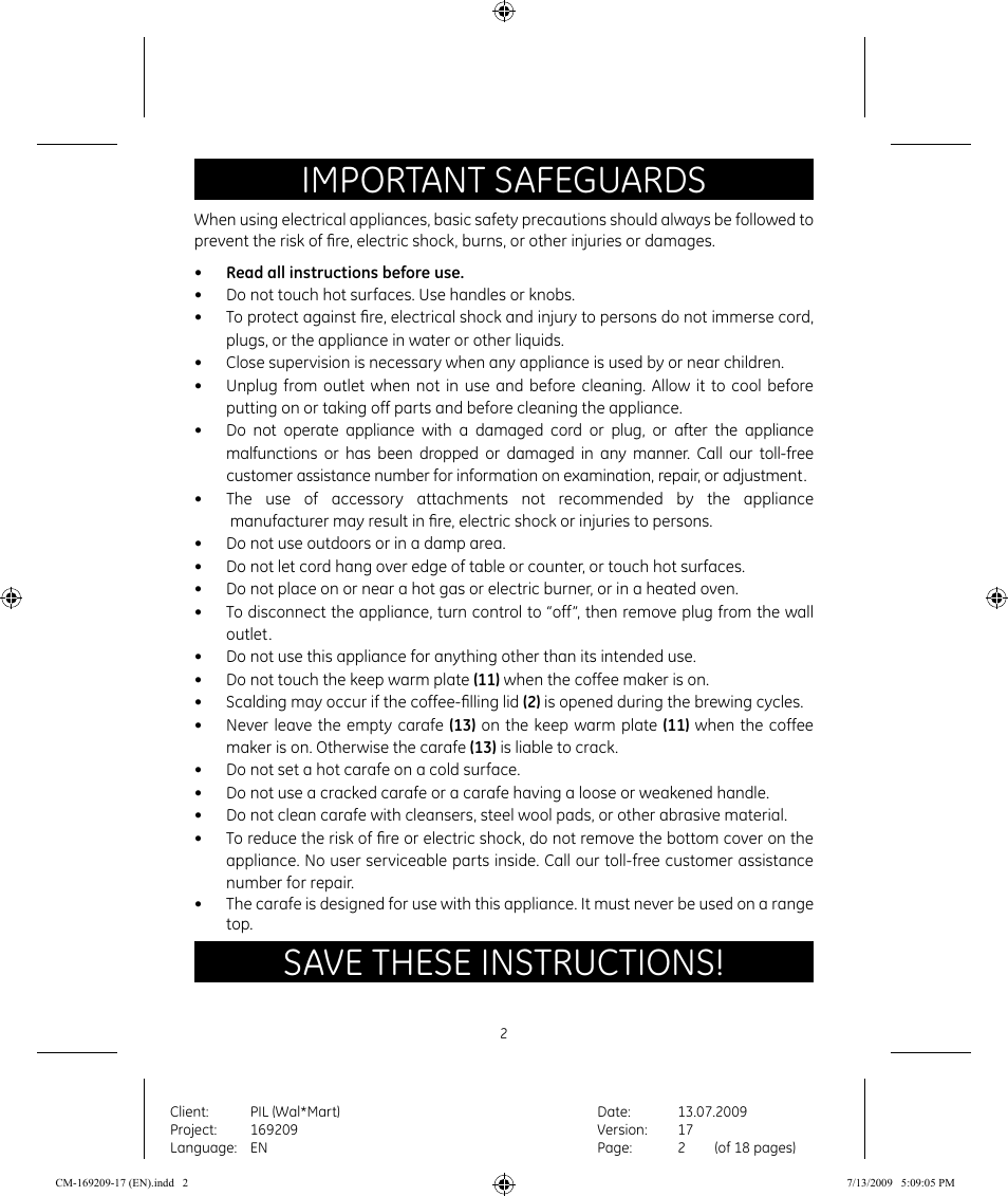 Important safeguards, Save these instructions | GE 681131692090 User Manual | Page 2 / 17