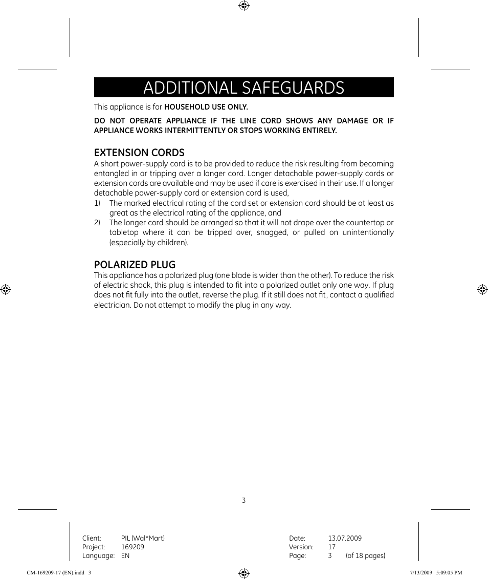 Additional safeguards, Extension cords, Polarized plug | GE 681131692090 User Manual | Page 3 / 17