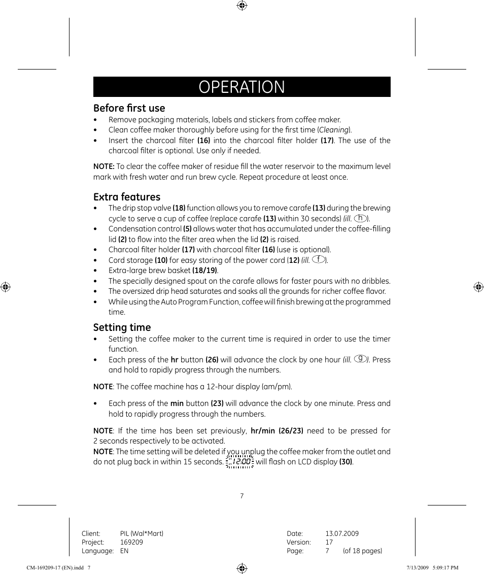 Operation, Before first use, Extra features | Setting time | GE 681131692090 User Manual | Page 7 / 17