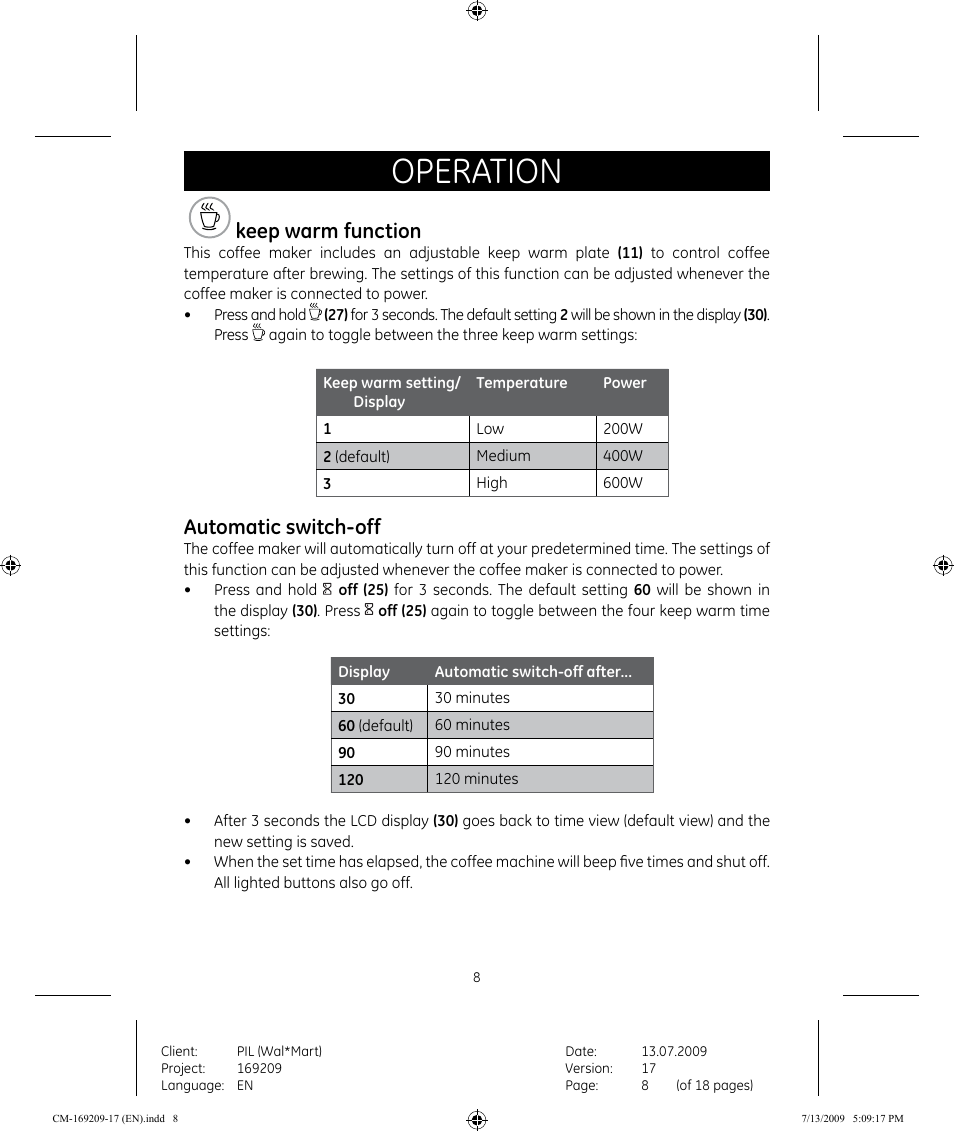Operation, Keep warm function, Automatic switch-off | GE 681131692090 User Manual | Page 8 / 17
