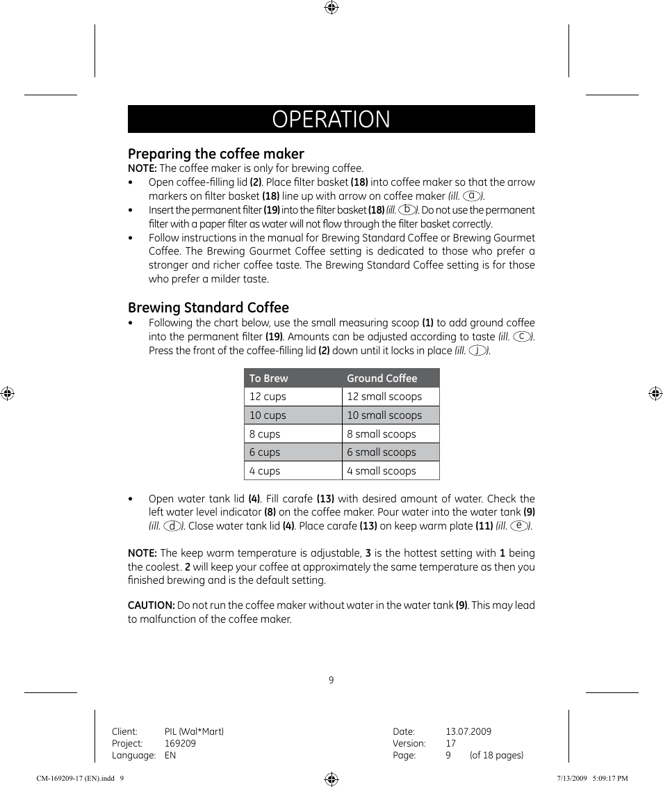 Operation, Preparing the coffee maker, Brewing standard coffee | GE 681131692090 User Manual | Page 9 / 17