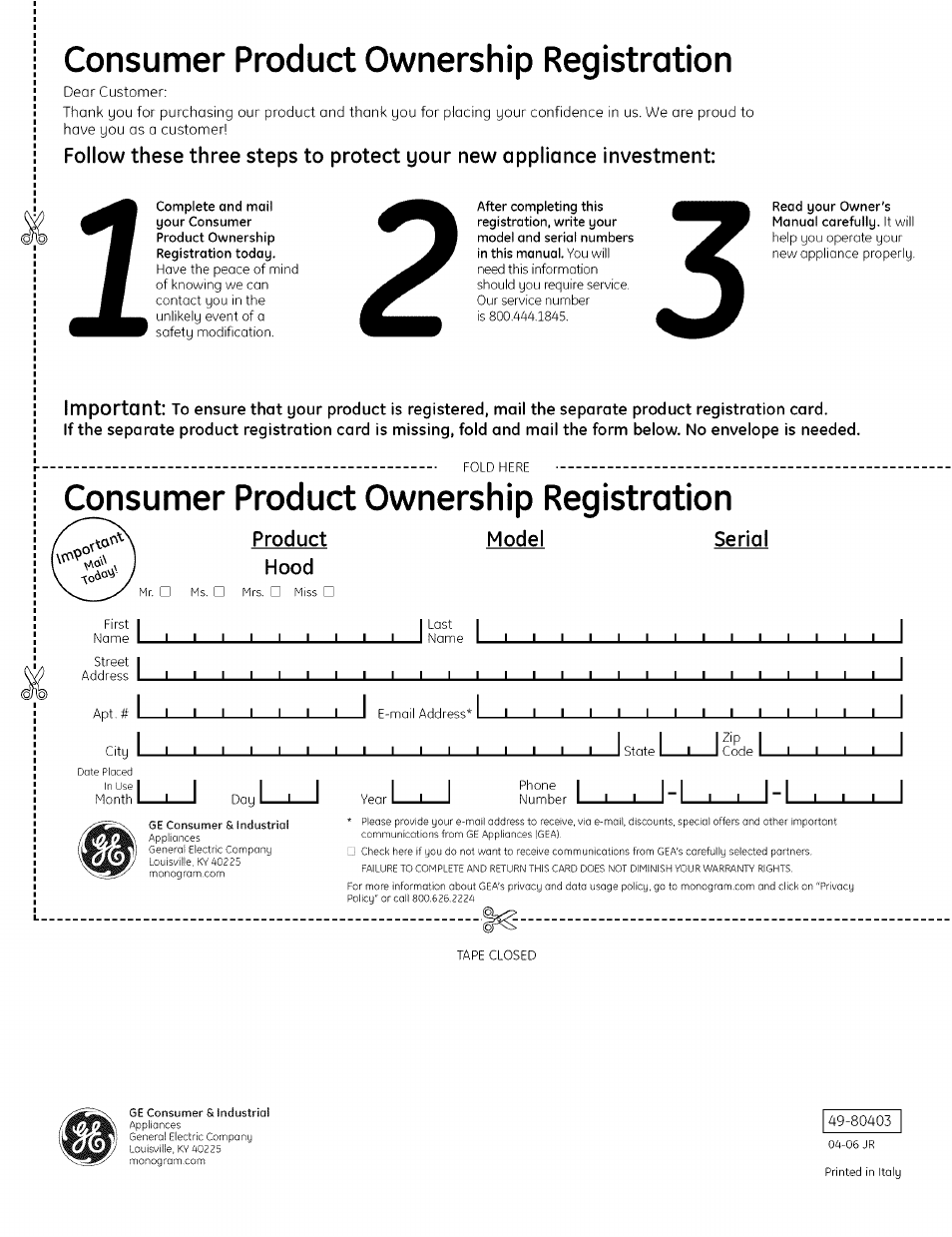 Consumer product ownership registration, I i d'p i, Important | Product hood, Model serial | GE ZV925 User Manual | Page 16 / 16