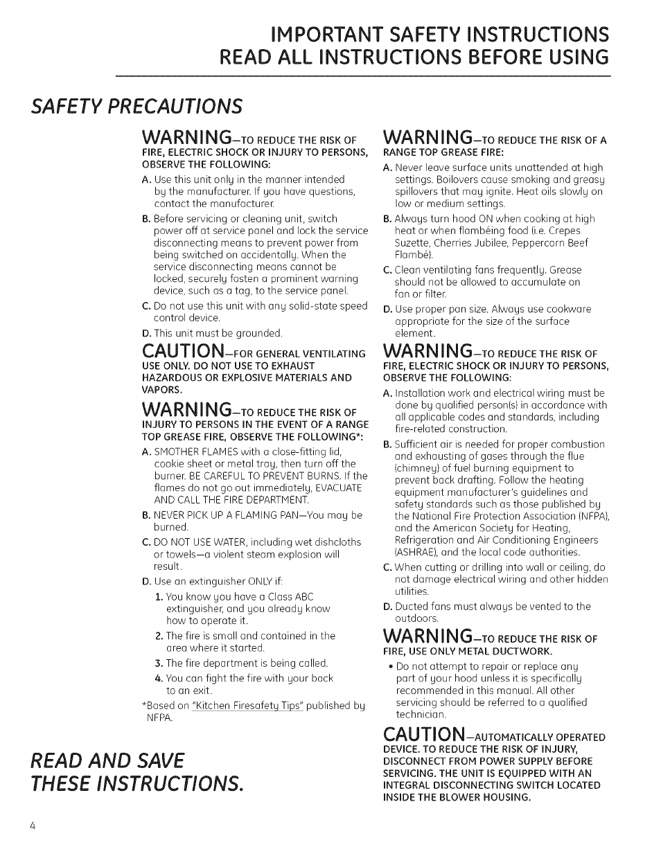 Warn i ng-to, Warn, Warn i | Caution, Safety precautions, Read and save these instructions, Caution-for, Ng-to | GE ZV925 User Manual | Page 4 / 16