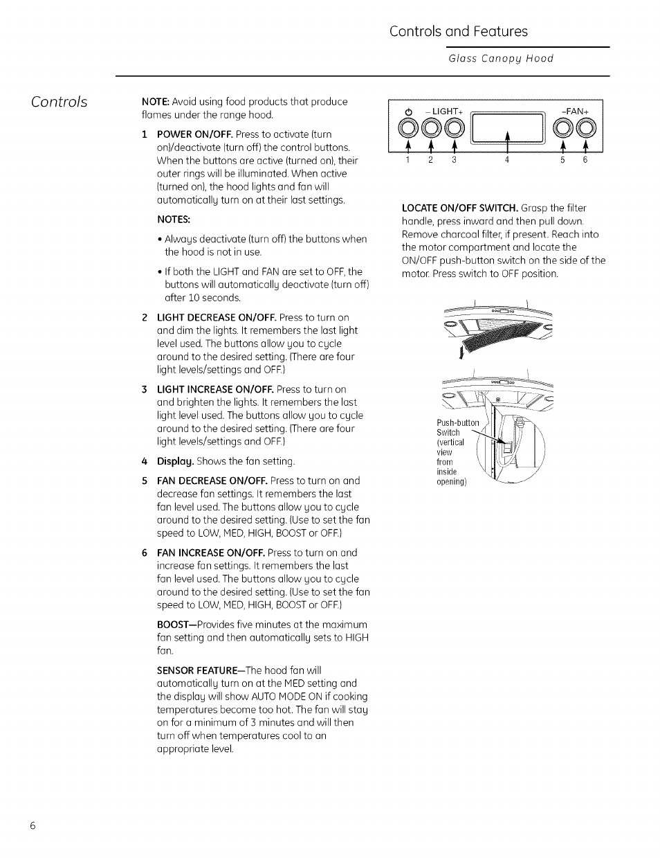 Notes, Controls, Controls and features glass canopy hood | GE ZV925 User Manual | Page 6 / 16