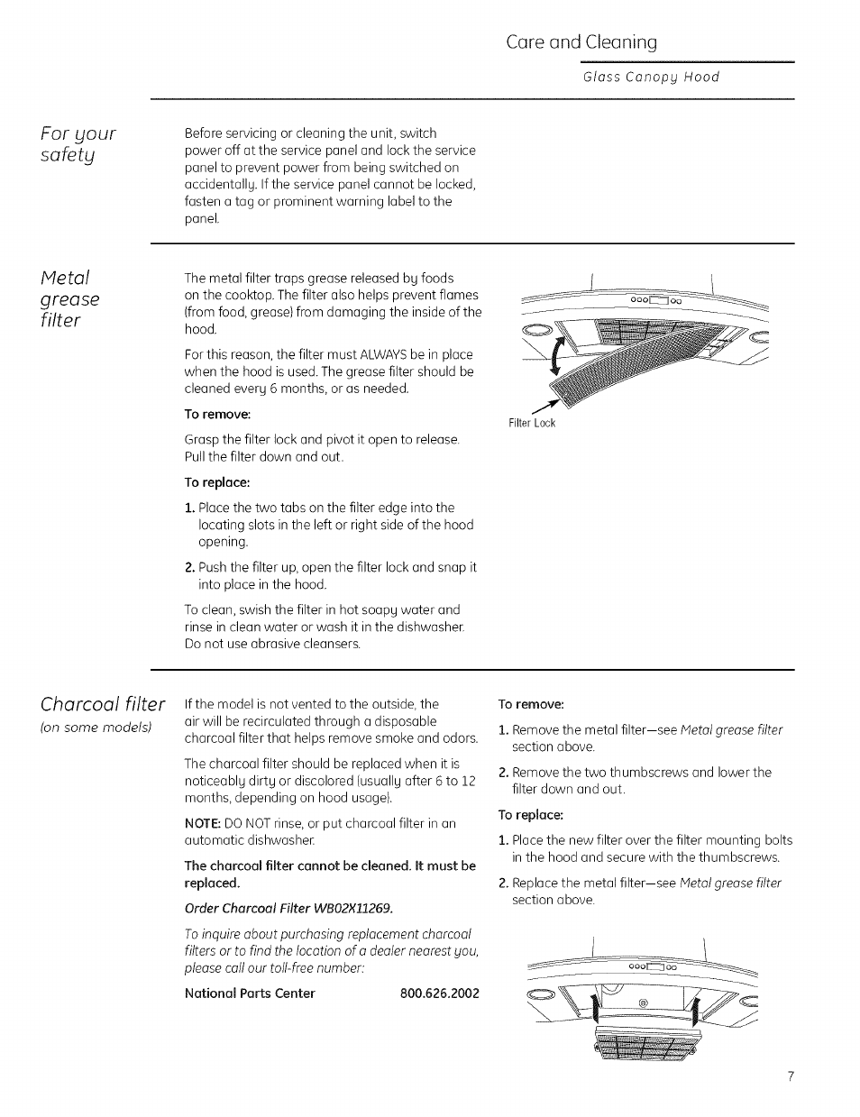 To remove, For your safety, Metal grease filter | Charcoal filter, Саге and cleaning glass canopy hood | GE ZV925 User Manual | Page 7 / 16