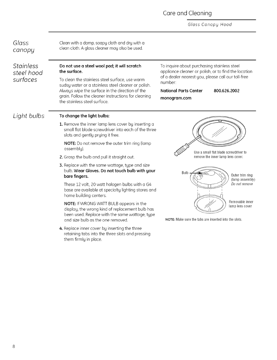 Glass canopy, Stainless steel hood surfaces, Light bulbs | Саге and cleaning glass canopy hood | GE ZV925 User Manual | Page 8 / 16