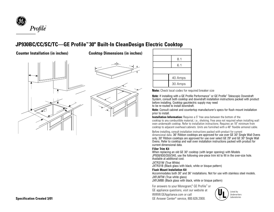 GE Profile JP930CCCC User Manual | 2 pages