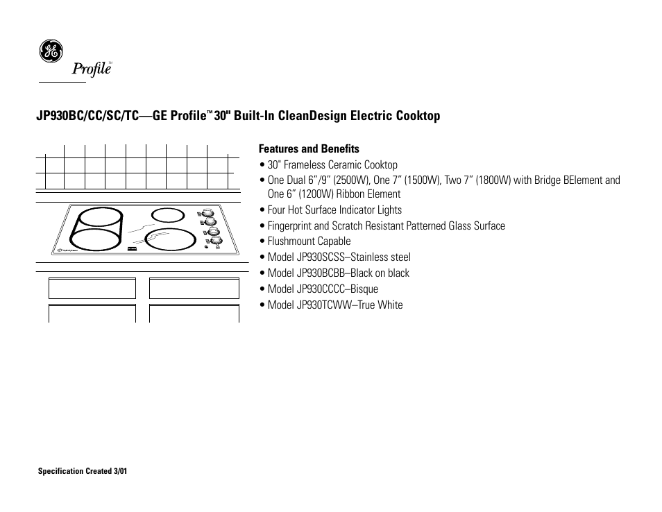 Jp930bc/cc/sc/tc—ge profile, 30" built-in cleandesign electric cooktop | GE Profile JP930CCCC User Manual | Page 2 / 2