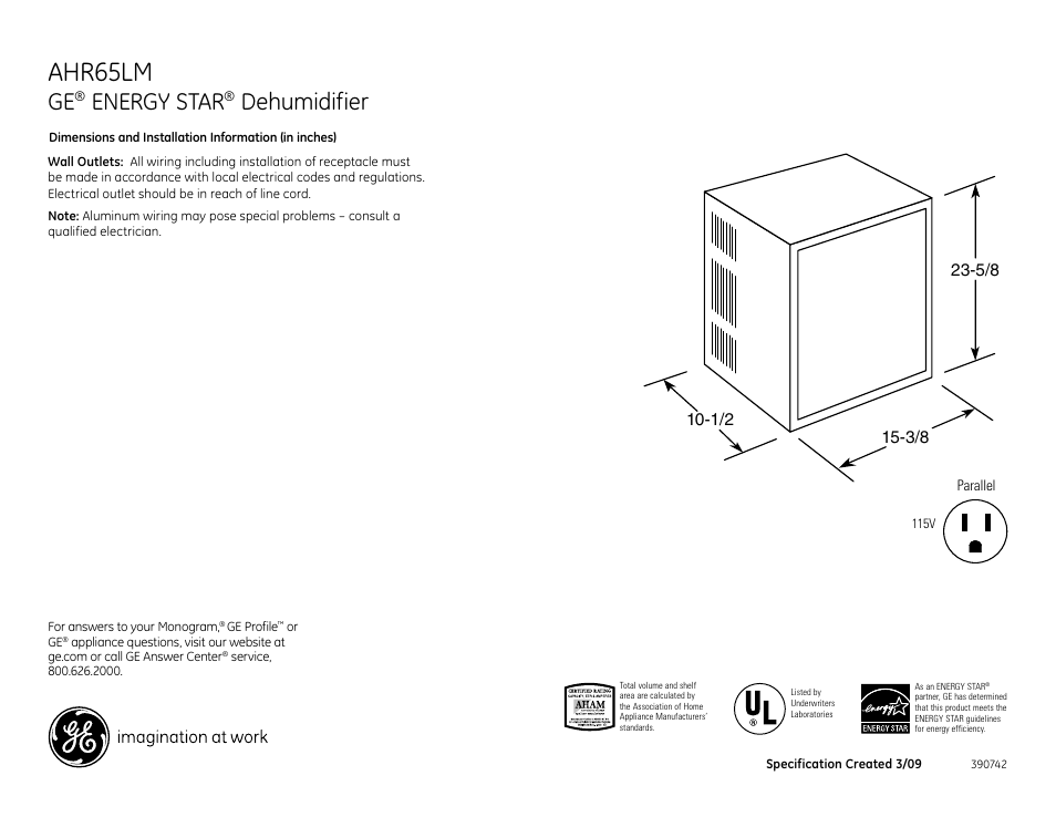 GE AHR65LM User Manual | 2 pages