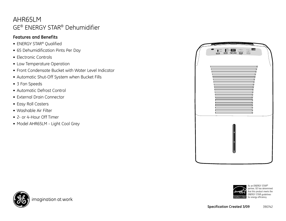 Ahr65lm, Energy star, Dehumidifier | Features and benefits • energy star, Humidity, Continuous bucket full power on, Clean the filter reset after cleaning | GE AHR65LM User Manual | Page 2 / 2