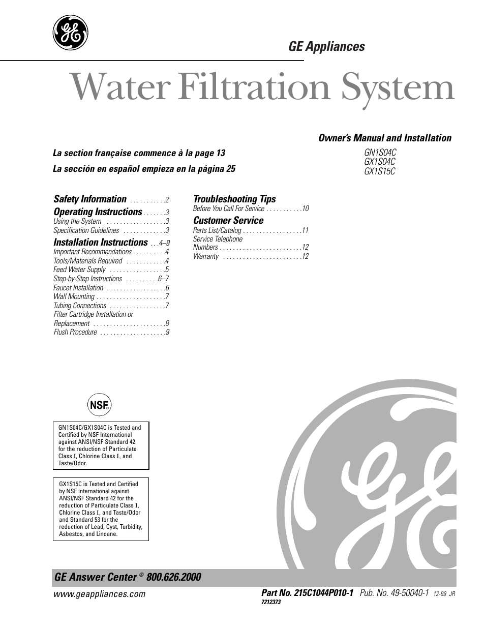 GE SMARTWATER GX1S15C User Manual | 36 pages