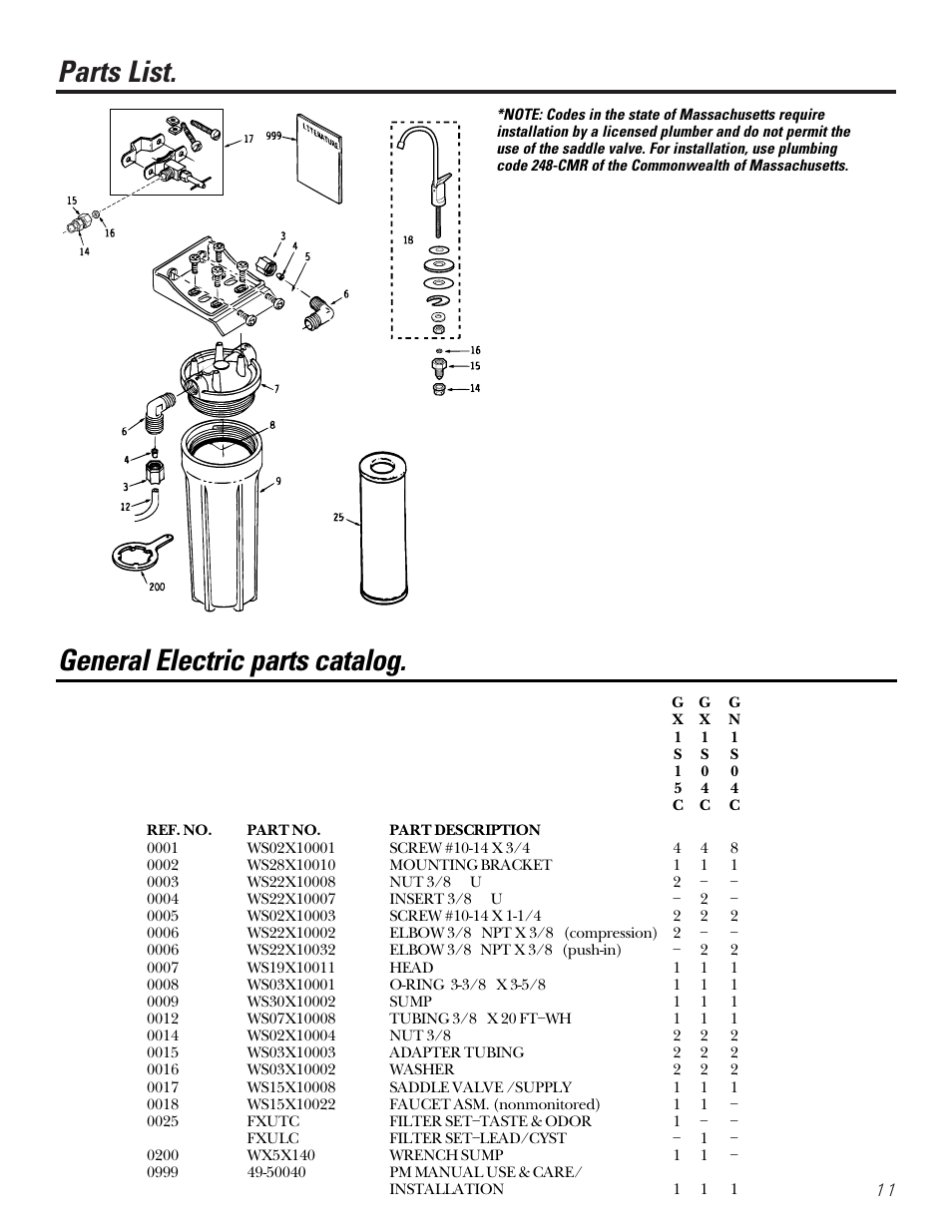 Parts list/catalog, Parts list, General electric parts catalog | GE SMARTWATER GX1S15C User Manual | Page 11 / 36