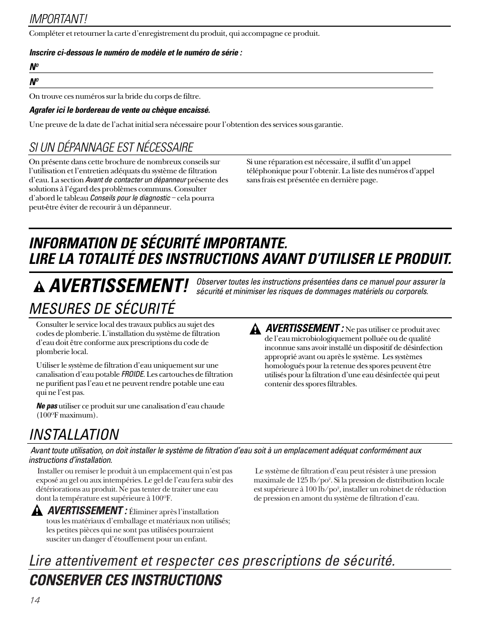 Information de sécurité, Mesures de sécurité, Installation | Important, Si un dépannage est nécessaire, Avertissement | GE SMARTWATER GX1S15C User Manual | Page 14 / 36