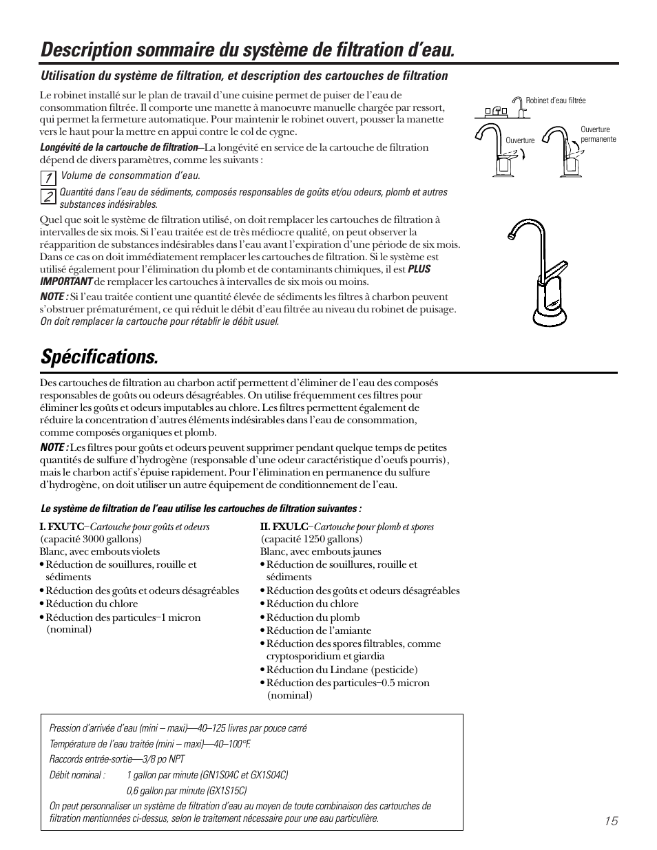 Instructions d’utilisation, Utilisation du système, Spécifications | Utilisation du système spécifications | GE SMARTWATER GX1S15C User Manual | Page 15 / 36