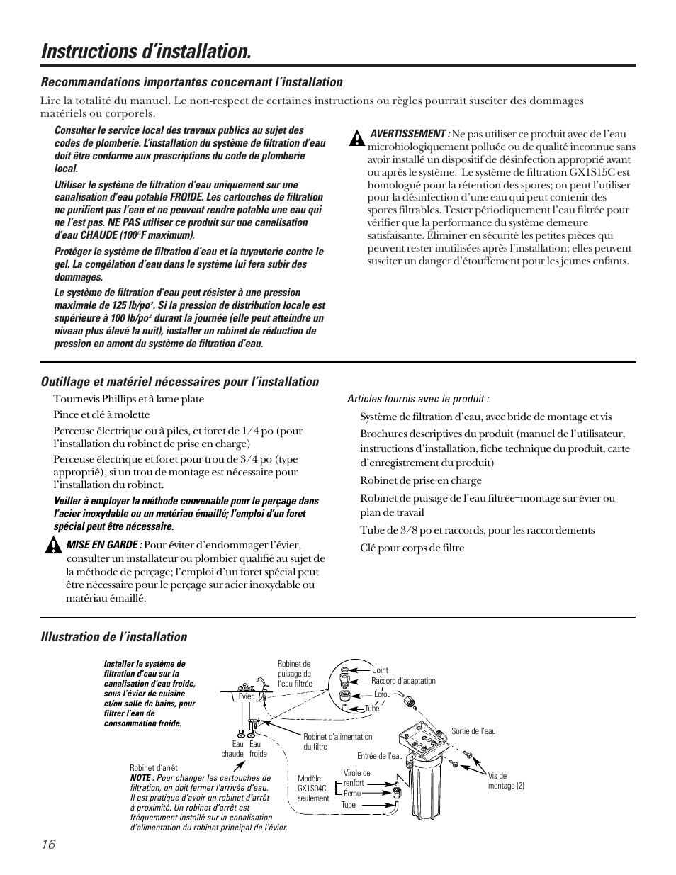 Instructions d’installation, Recommandations importantes, Outillage/matériel nécessaire | Illustration de l’installation | GE SMARTWATER GX1S15C User Manual | Page 16 / 36