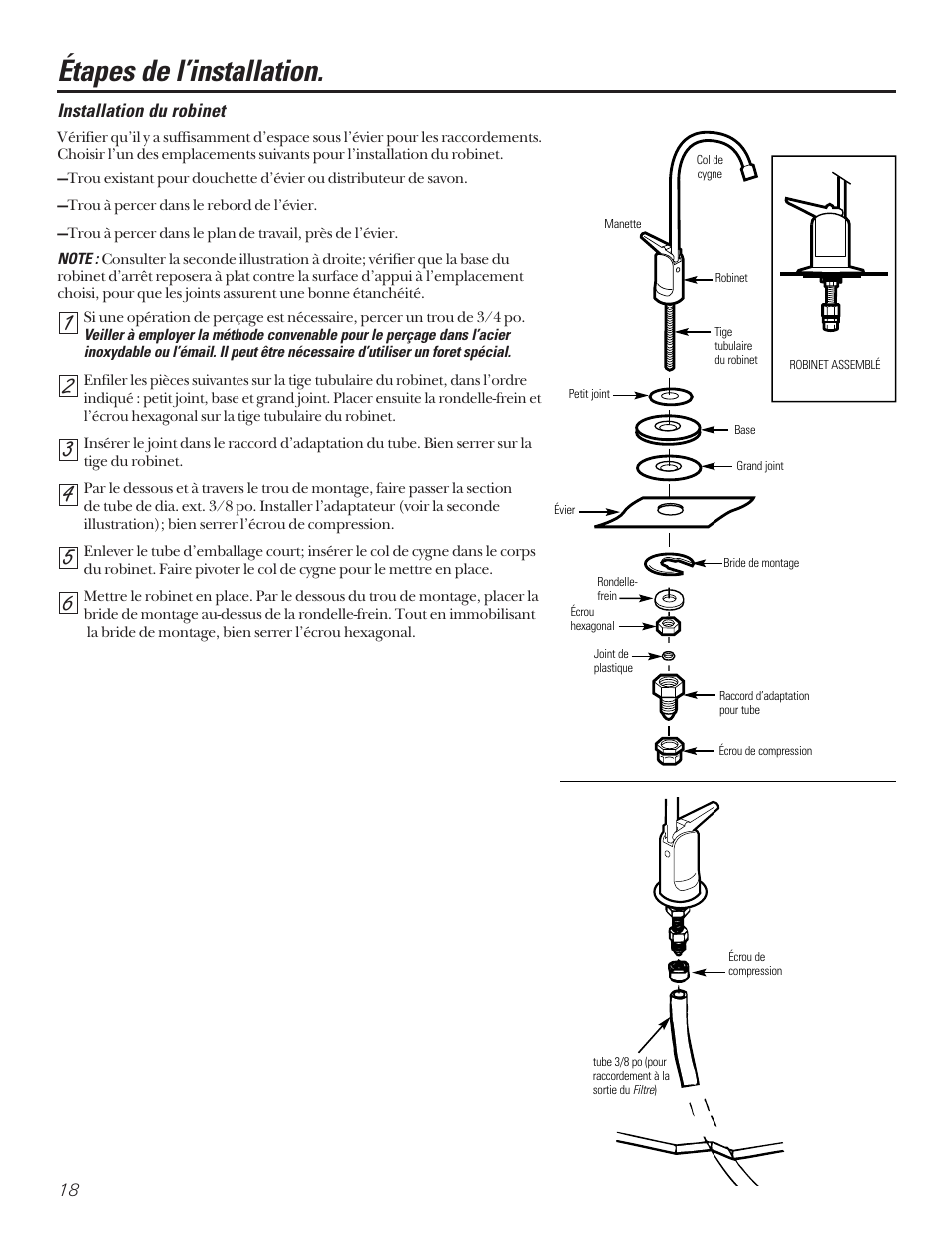 Étapes de l’installation, Installation du robinet | GE SMARTWATER GX1S15C User Manual | Page 18 / 36