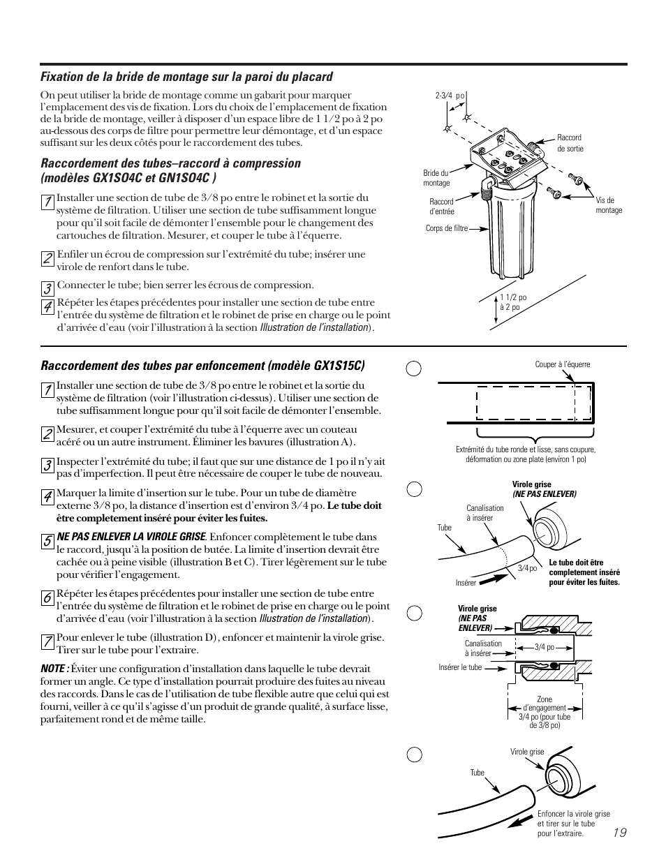Montage mural, Raccordement des tubes, Montage mural raccordement des tubes | GE SMARTWATER GX1S15C User Manual | Page 19 / 36