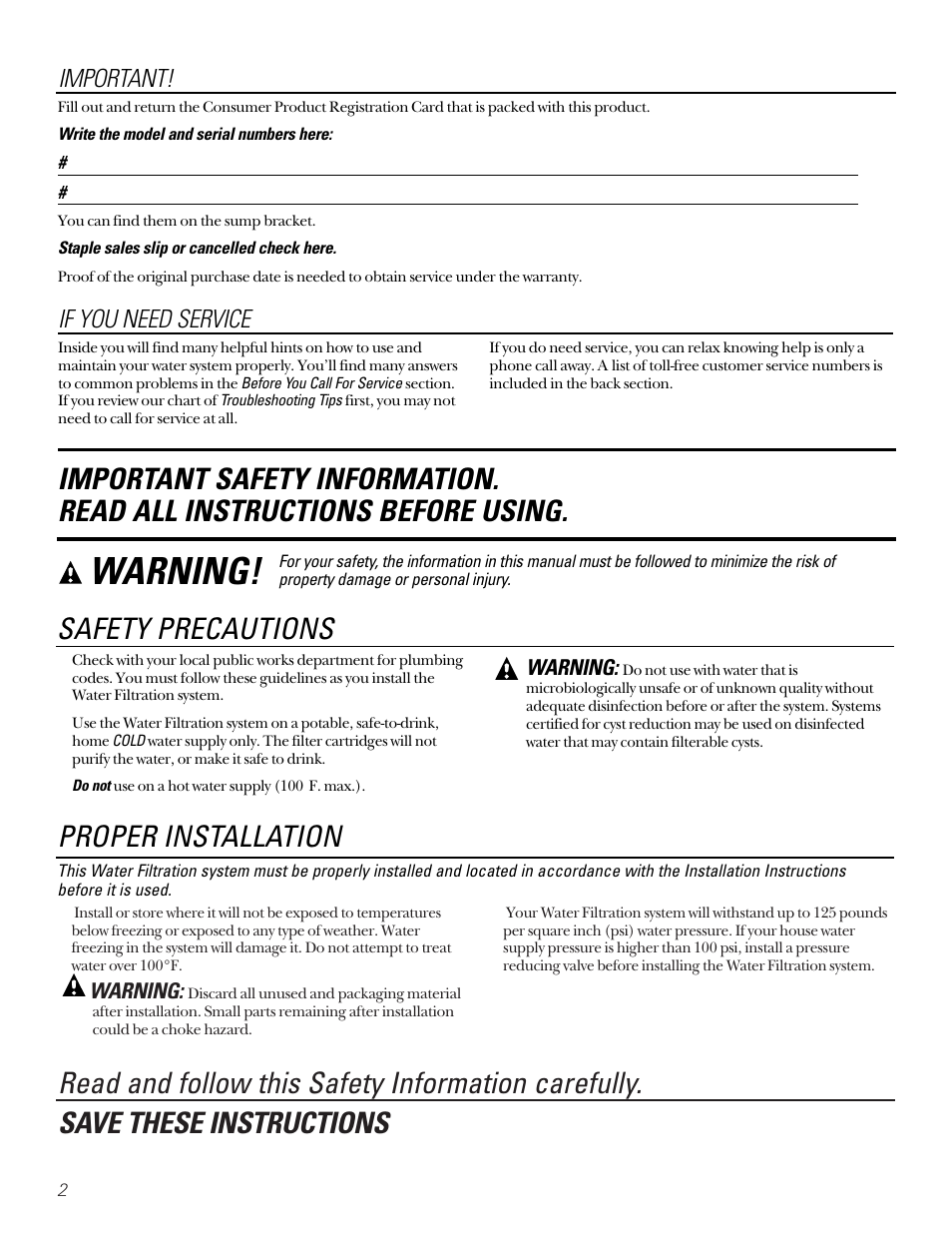 Safety information, Warning, Safety precautions | Proper installation, Important, If you need service | GE SMARTWATER GX1S15C User Manual | Page 2 / 36