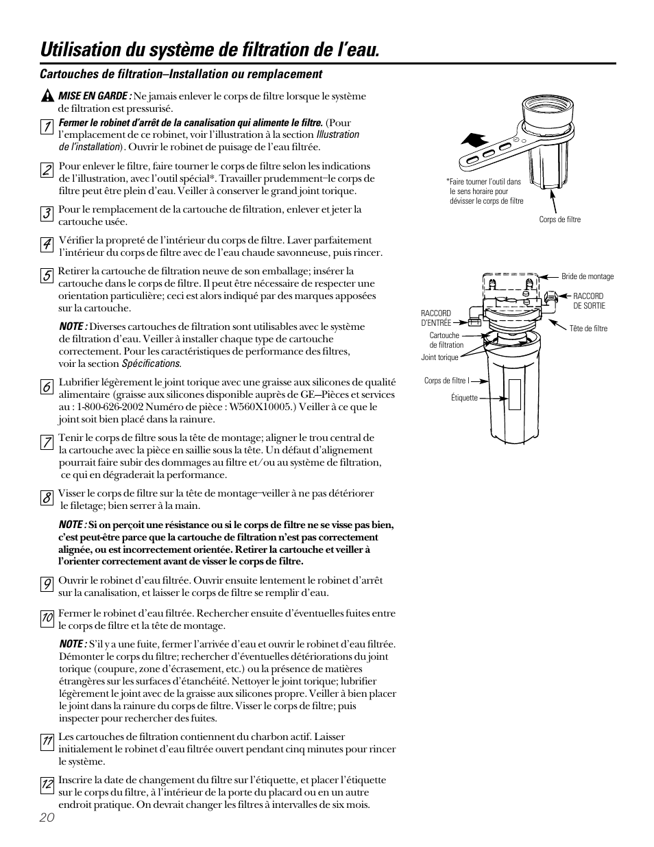 Cartouches de filtration–installation, Utilisation du système de filtration de l’eau | GE SMARTWATER GX1S15C User Manual | Page 20 / 36