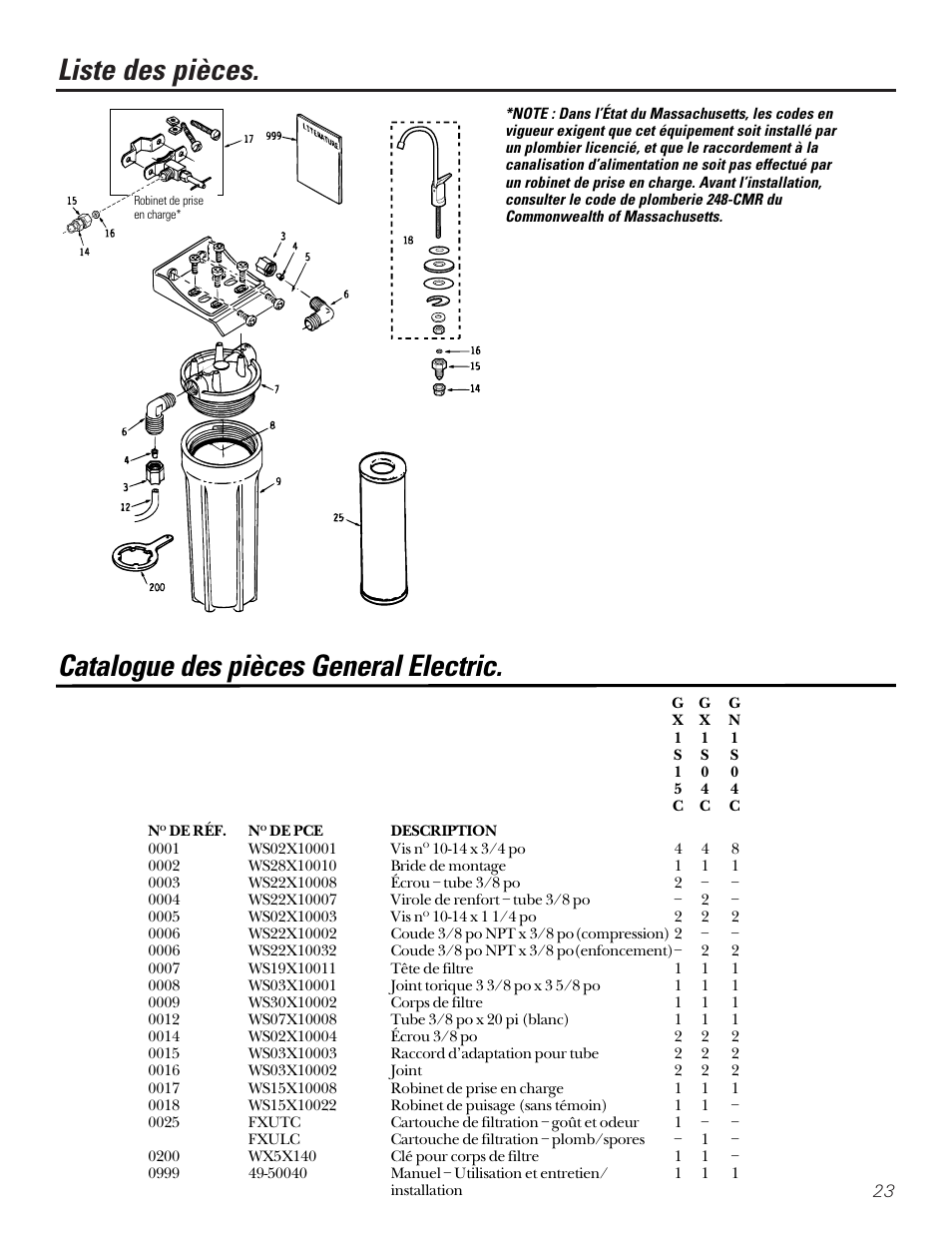 Liste des pièces/catalogue, Liste des pièces, Catalogue des pièces general electric | GE SMARTWATER GX1S15C User Manual | Page 23 / 36