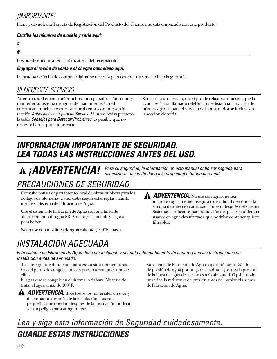 Información de seguridad, Advertencia, Precauciones de seguridad | Instalacion adecuada, Importante, Si necesita servicio | GE SMARTWATER GX1S15C User Manual | Page 26 / 36