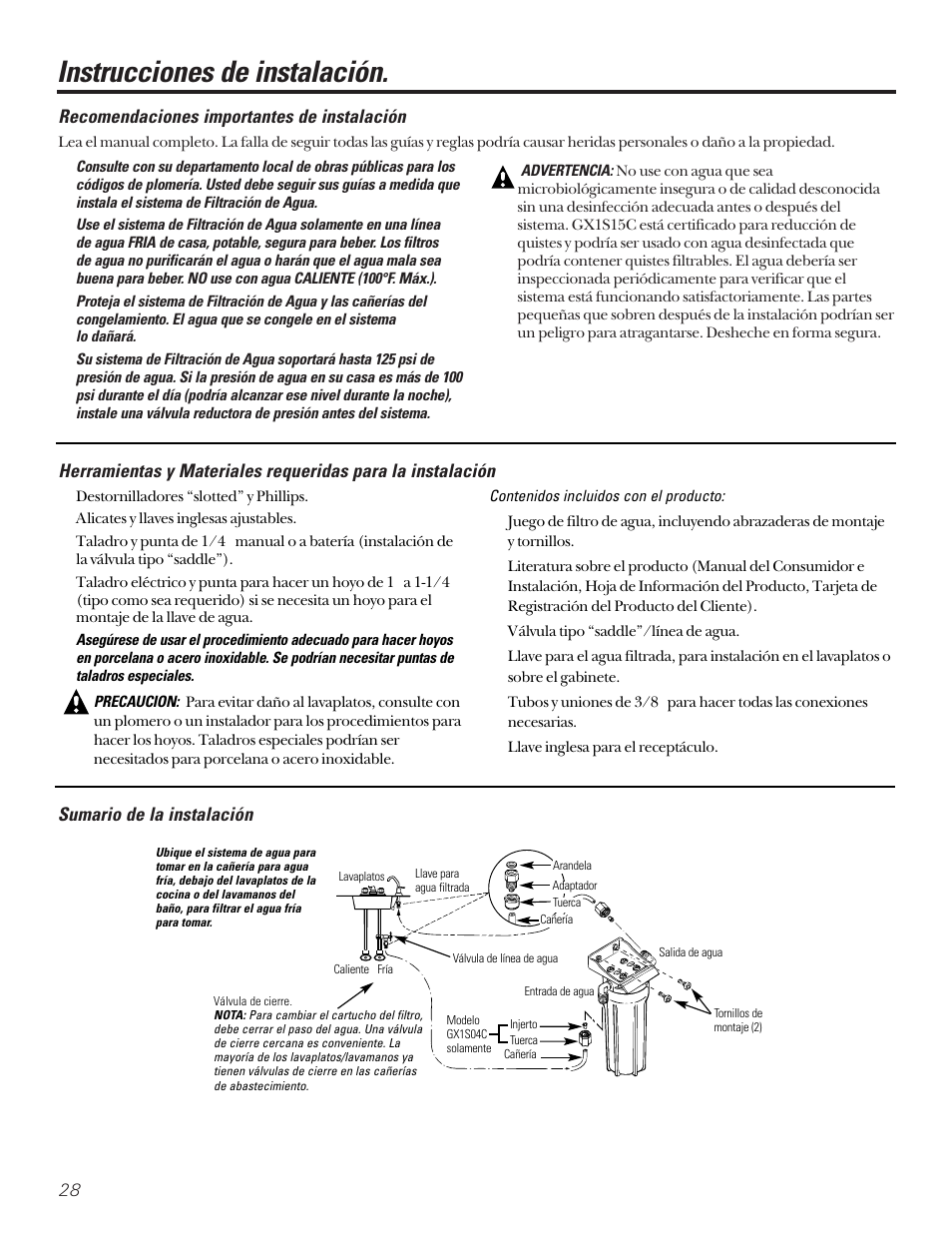 Instrucciones de instalación, Recomendaciones importantes, Herramientas/materiales requeridos | Sumario de la instalación, Recomendaciones importantes de instalación | GE SMARTWATER GX1S15C User Manual | Page 28 / 36