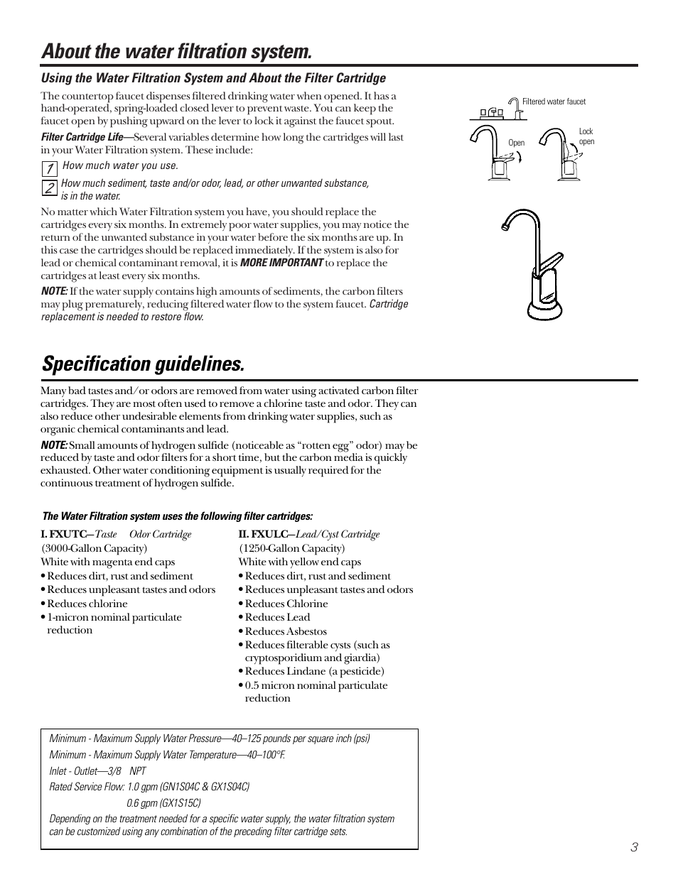 Operating instructions, Using the system, Specification guidelines | Using the system specification guidelines, About the water filtration system | GE SMARTWATER GX1S15C User Manual | Page 3 / 36