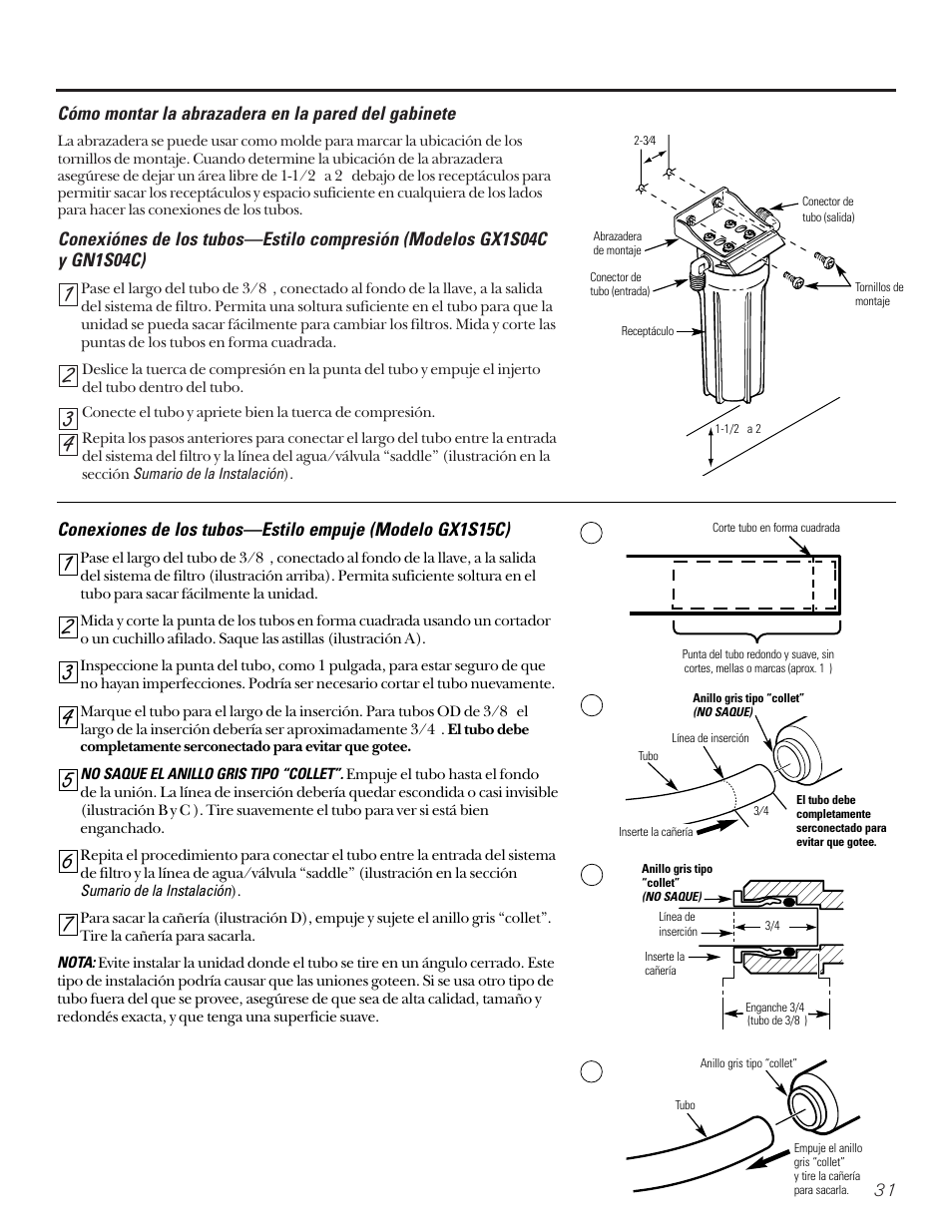 Montaje sobre la pared, Conexiones de los tubos, Montaje sobre la pared conexiones de los tubos | GE SMARTWATER GX1S15C User Manual | Page 31 / 36
