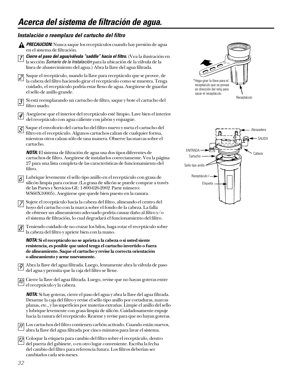 Instalación o reemplazo del cartucho del filtro, Acerca del sistema de filtración de agua | GE SMARTWATER GX1S15C User Manual | Page 32 / 36