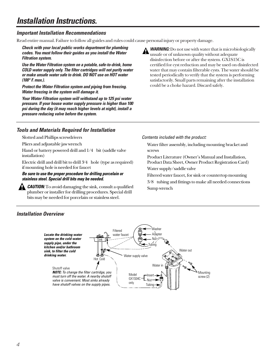 Installation instructions, Important recommendations, Tools/materials required | Important recommendations tools/materials required, Tools and materials required for installation, Installation overview, Important installation recommendations | GE SMARTWATER GX1S15C User Manual | Page 4 / 36