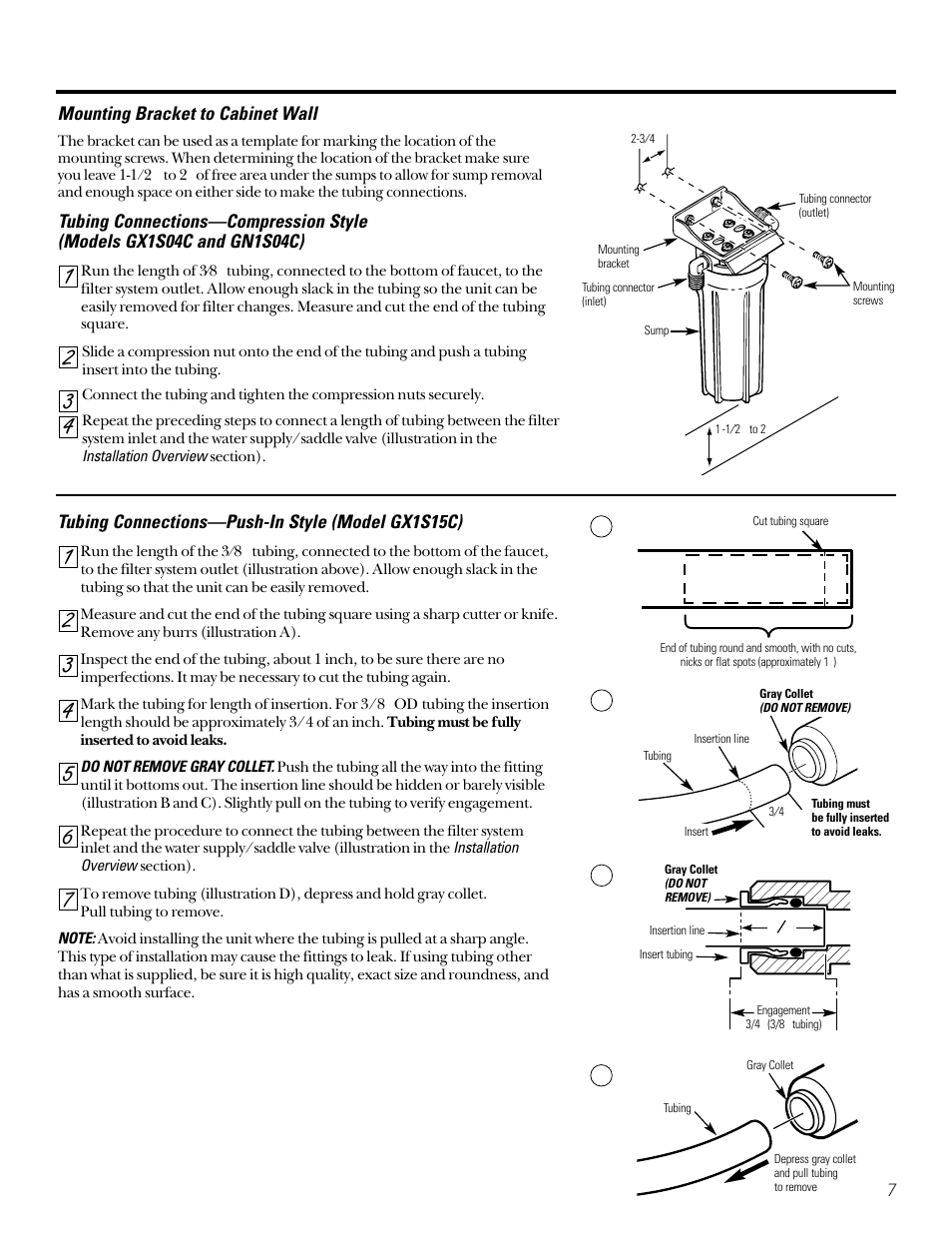 Wall mounting, Tubing connections, Wall mounting tubing connections | GE SMARTWATER GX1S15C User Manual | Page 7 / 36