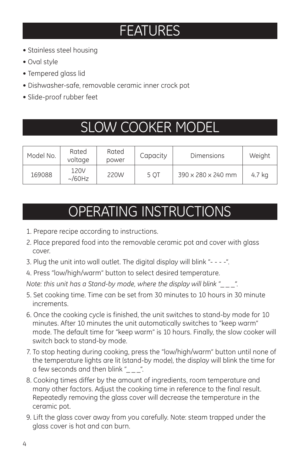 Features, Slow cooker model, Operating instructions | GE 169088 User Manual | Page 4 / 6