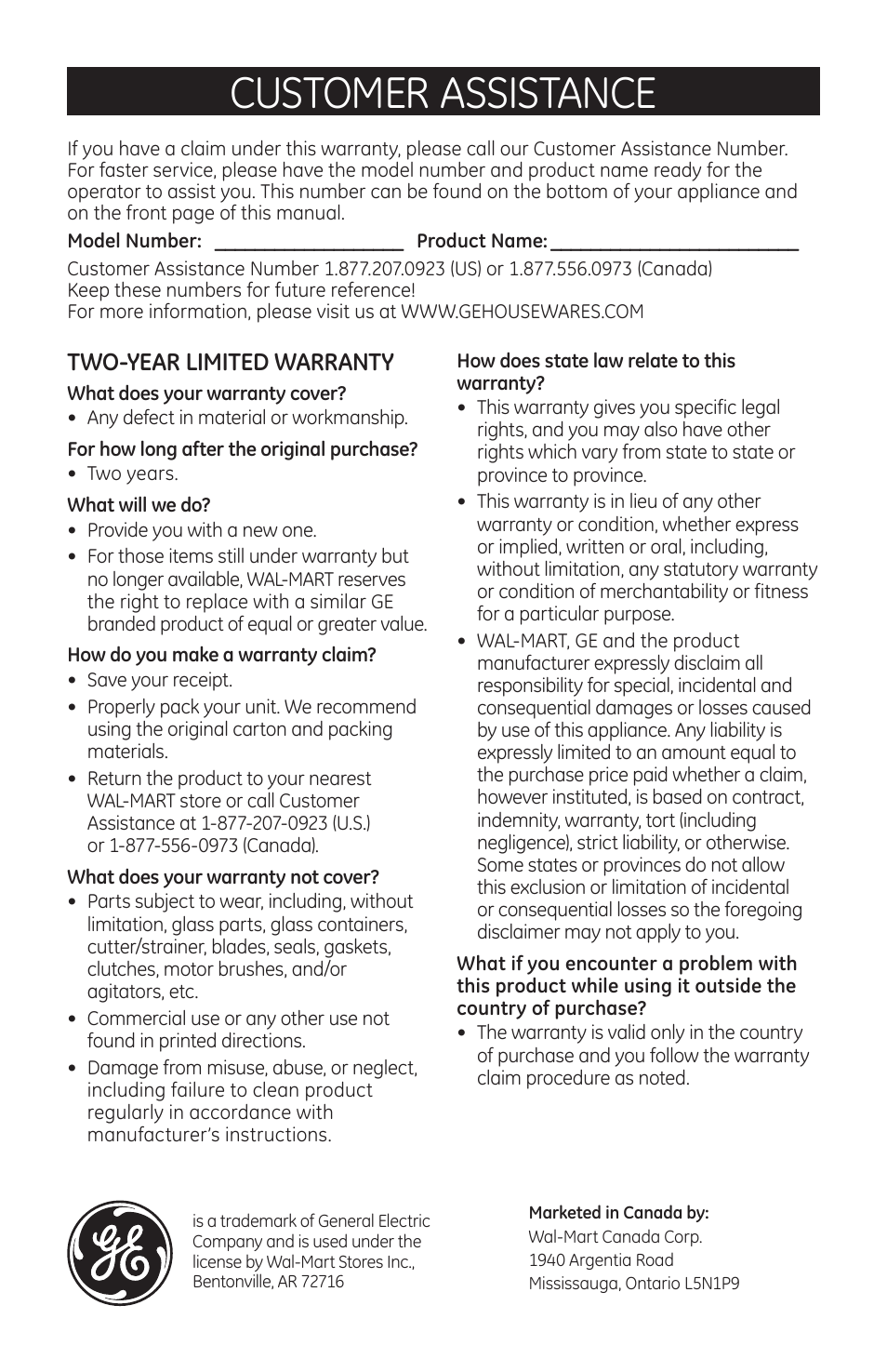 Customer assistance, Two-year limited warranty | GE 169088 User Manual | Page 6 / 6