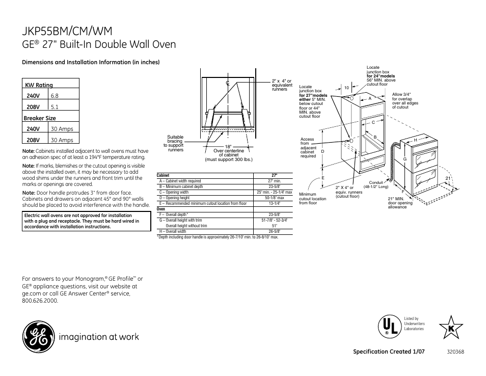 GE JKP55BM User Manual | 2 pages