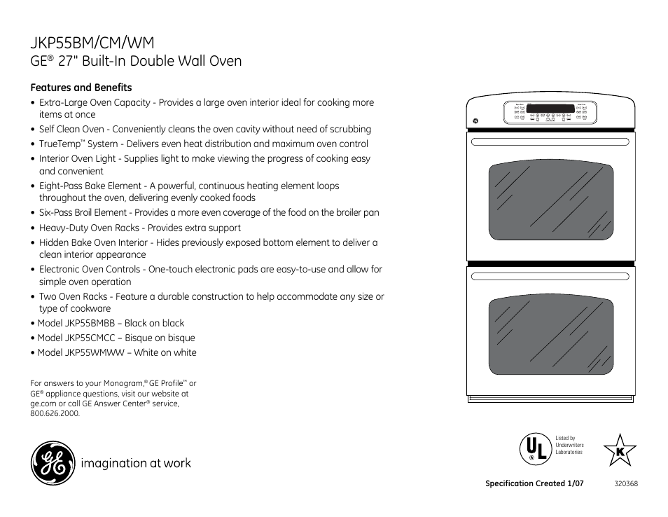 Jkp55bm/cm/wm, 27" built-in double wall oven, Jkp55wm/cm/bm | GE JKP55BM User Manual | Page 2 / 2