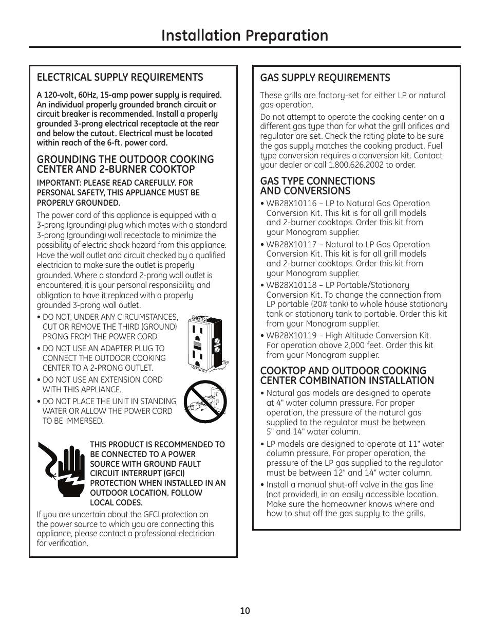 Electrical supply requirements, Gas supply requirements, Installation preparation | GE ZGU122N User Manual | Page 10 / 68