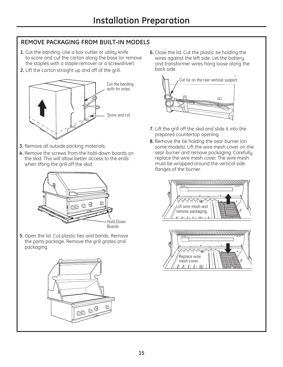 Remove packaging from built-in models, Installation preparation | GE ZGU122N User Manual | Page 15 / 68