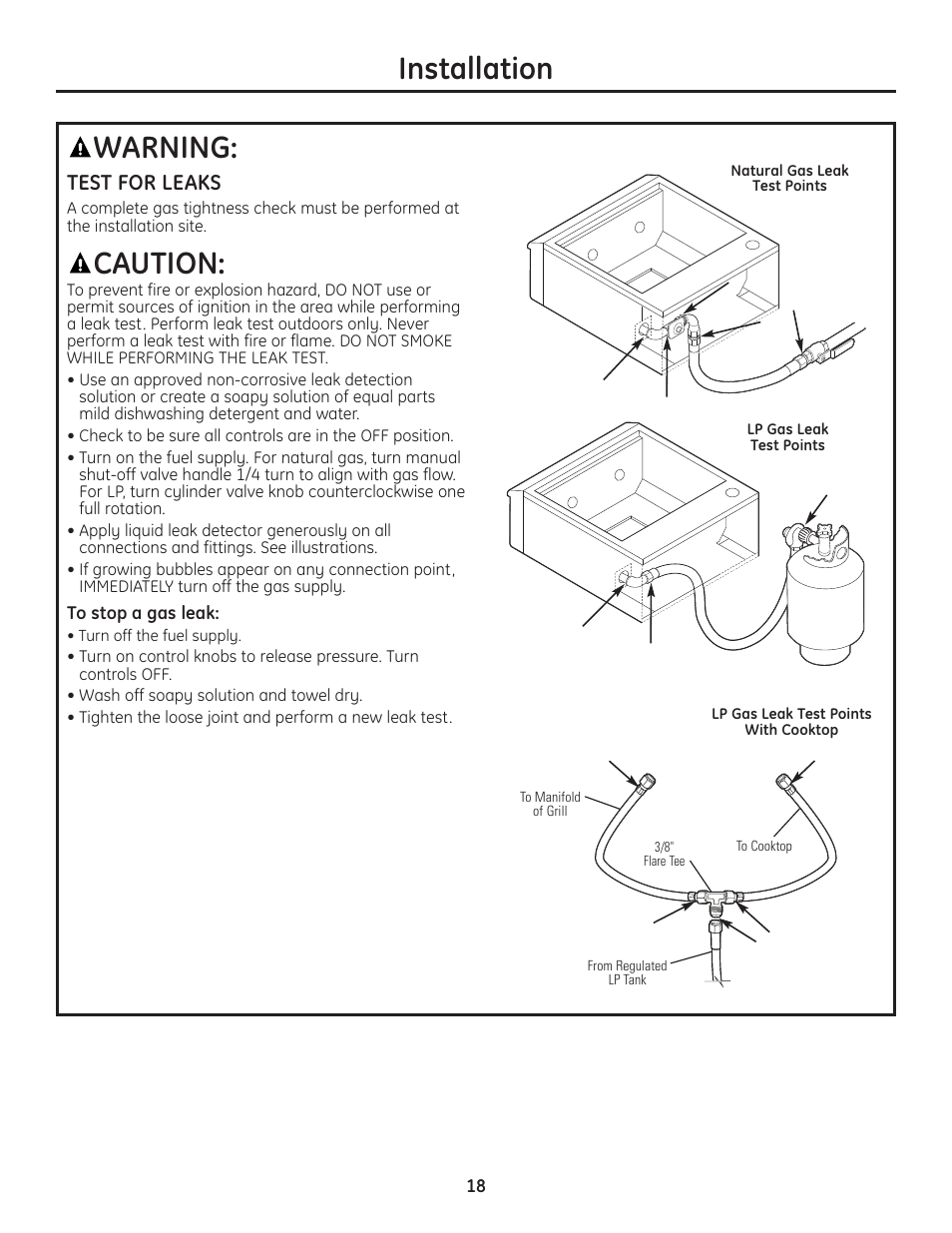 Leak testing, Installation, Warning | Caution, Test for leaks | GE ZGU122N User Manual | Page 18 / 68