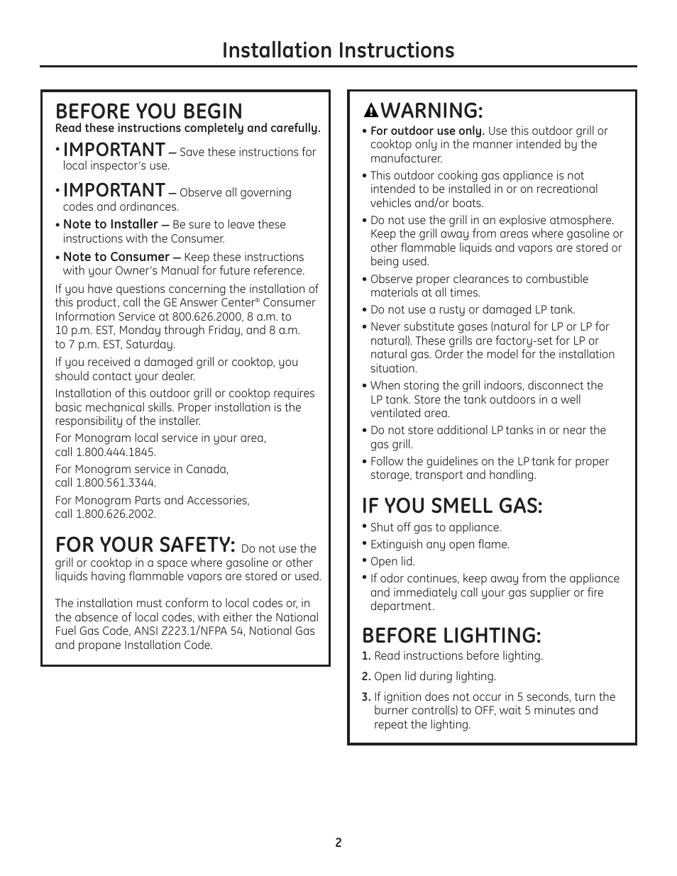 Installation instructions before you begin, For your safety, Warning | If you smell gas, Before lighting, Important | GE ZGU122N User Manual | Page 2 / 68