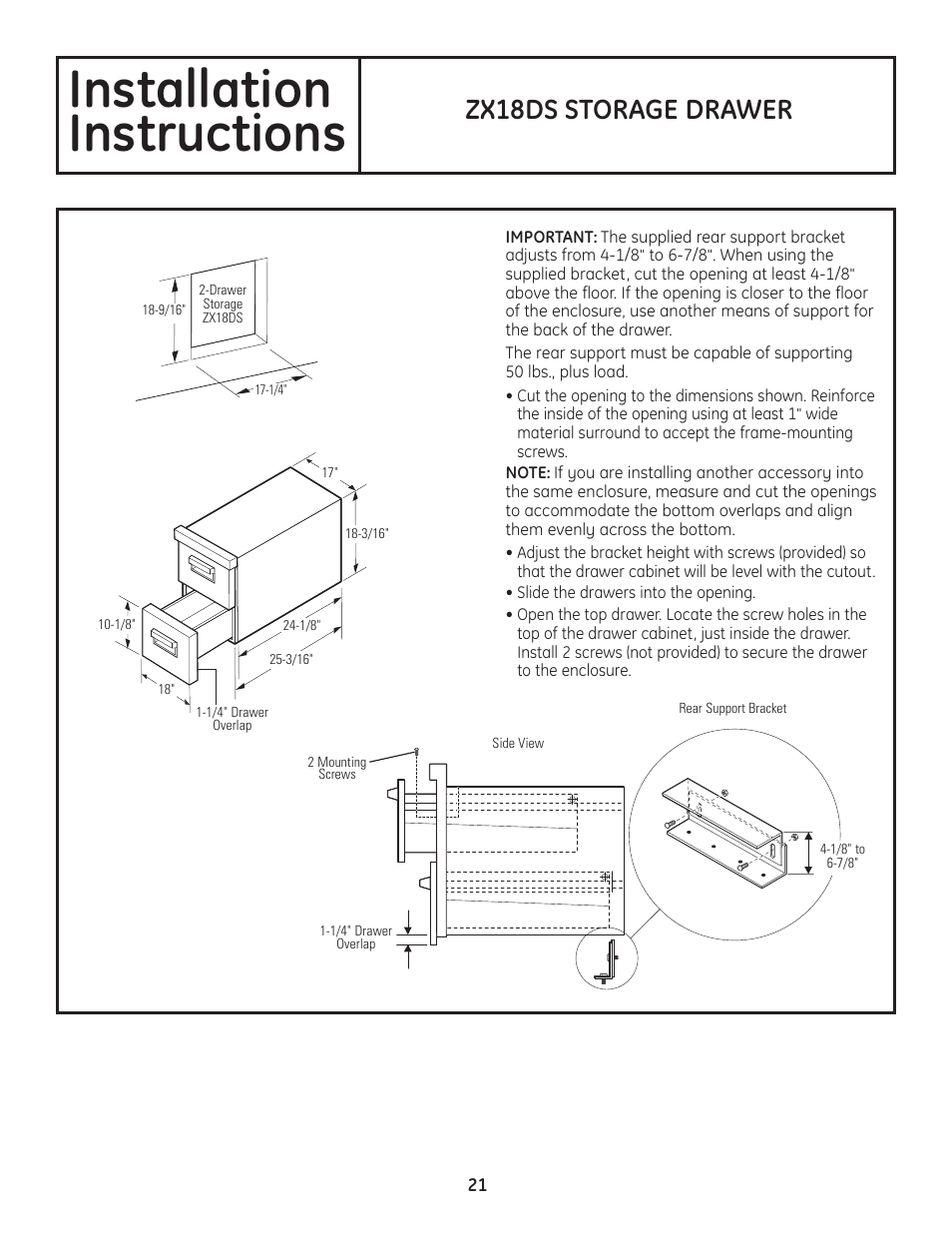 Installation instructions, Zx18ds storage drawer | GE ZGU122N User Manual | Page 21 / 68