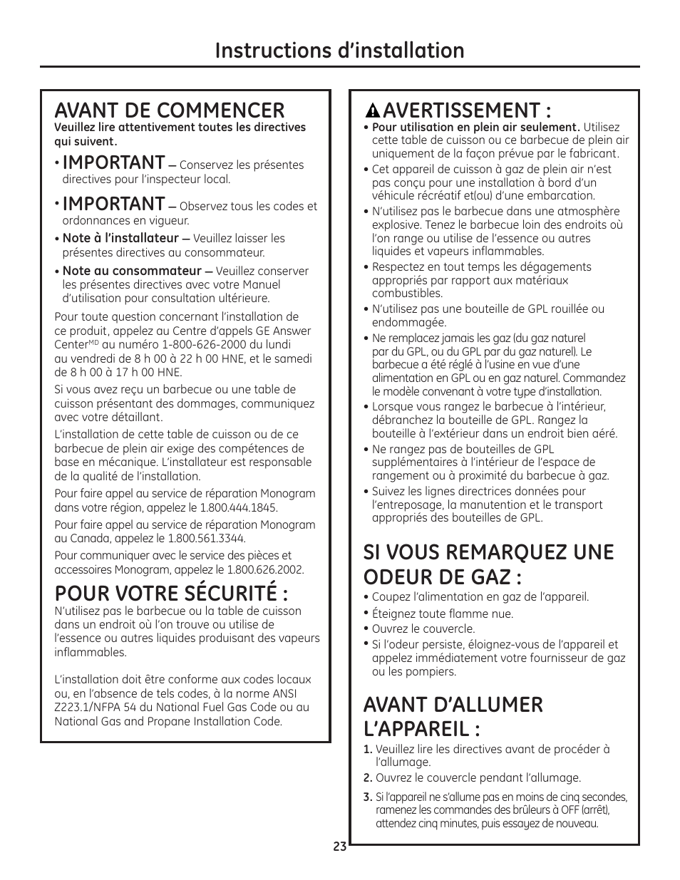 Instructions d’installation avant de commencer, Pour votre sécurité, Avertissement | Si vous remarquez une odeur de gaz, Avant d’allumer l’appareil, Important | GE ZGU122N User Manual | Page 23 / 68