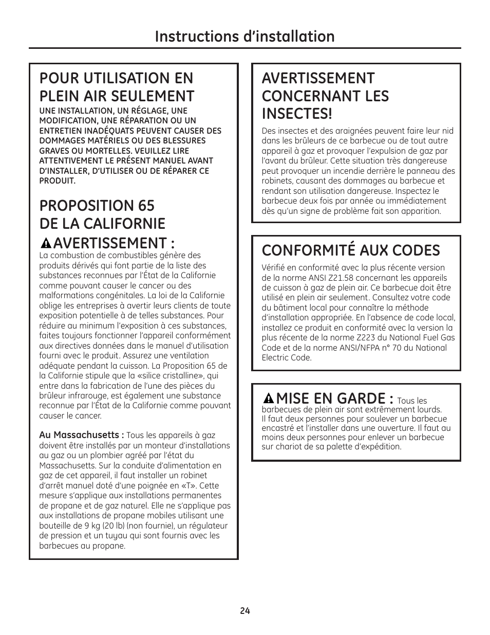 Proposition 65 de la californie avertissement, Avertissement concernant les insectes, Mise en garde | Conformité aux codes | GE ZGU122N User Manual | Page 24 / 68