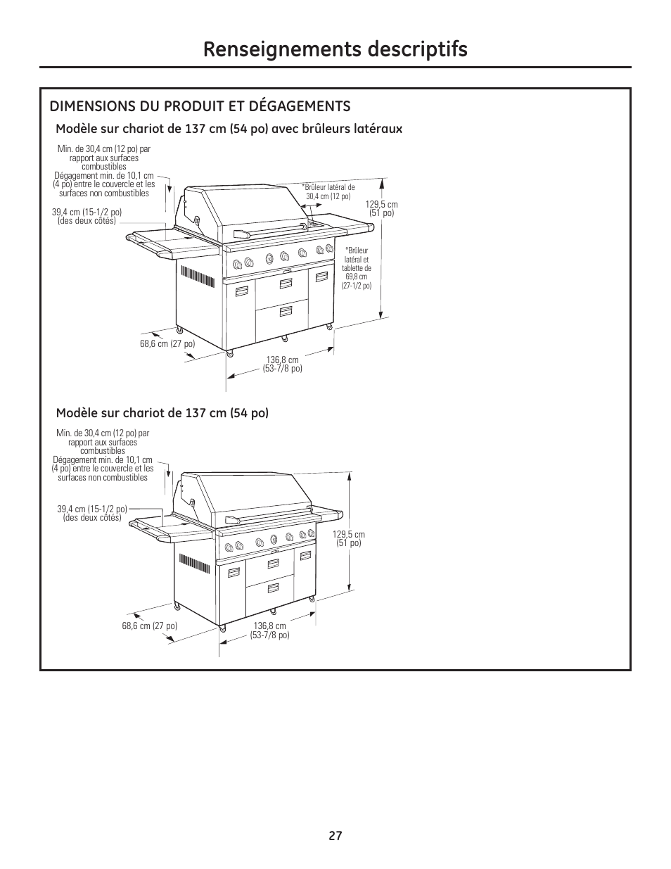 Renseignements descriptifs, Dimensions du produit et dégagements | GE ZGU122N User Manual | Page 27 / 68
