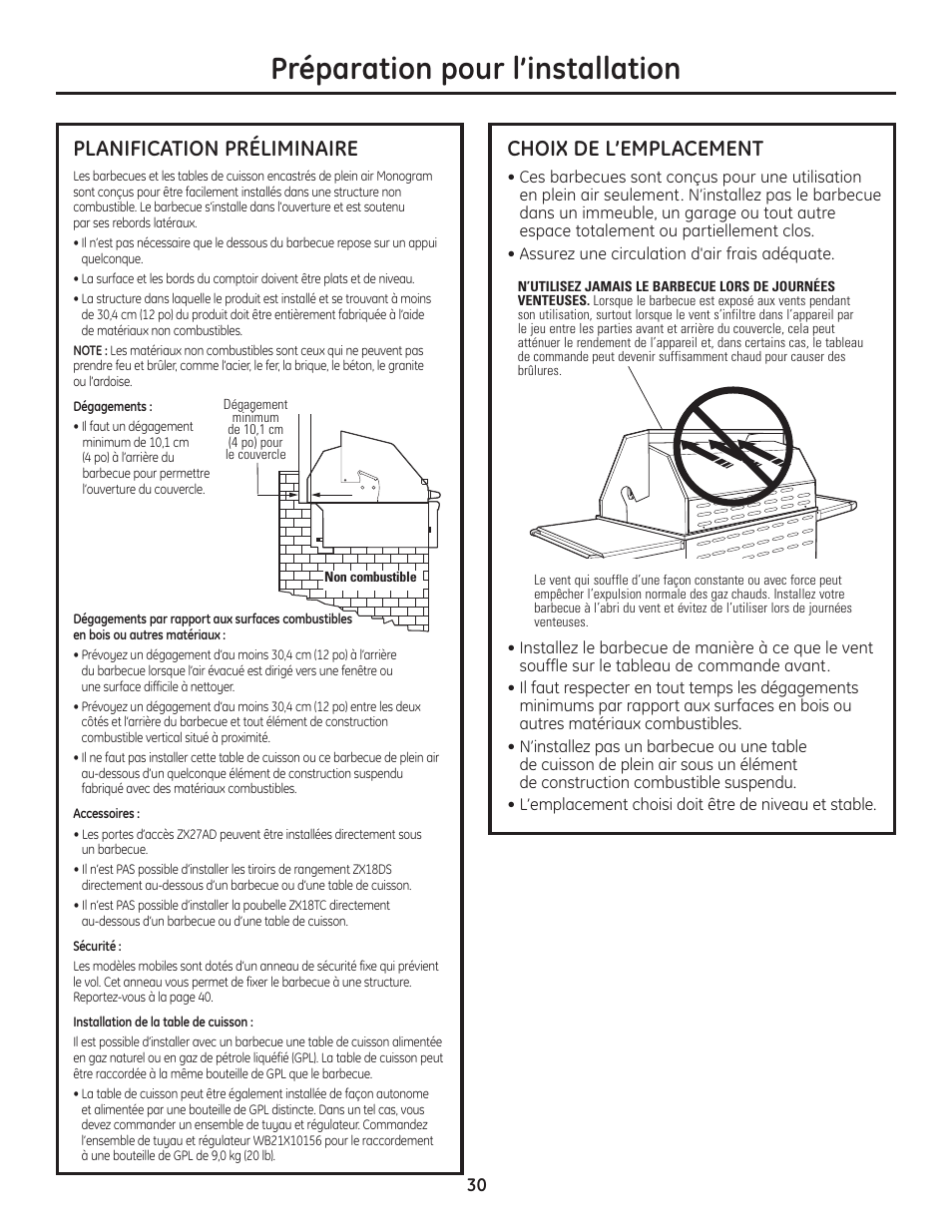 Planification préliminaire, Choix de l’emplacement, Planification préliminaire choix de l’emplacement | Préparation pour l’installation | GE ZGU122N User Manual | Page 30 / 68