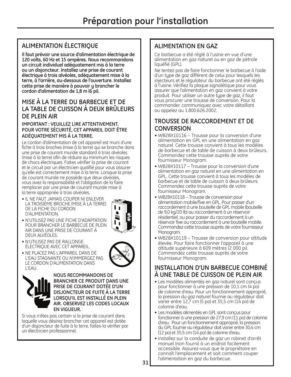 Alimentation électrique, Alimentation en gaz, Alimentation électrique alimentation en gaz | Préparation pour l’installation, Trousse de raccordement et de conversion | GE ZGU122N User Manual | Page 31 / 68