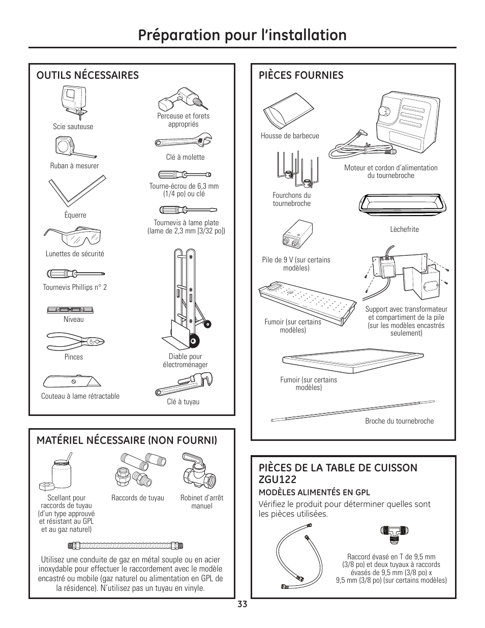 Outils nécessaires, Matériel nécessaire, Pièces fournies | Outils nécessaires matériel nécessaire, Préparation pour l’installation | GE ZGU122N User Manual | Page 33 / 68