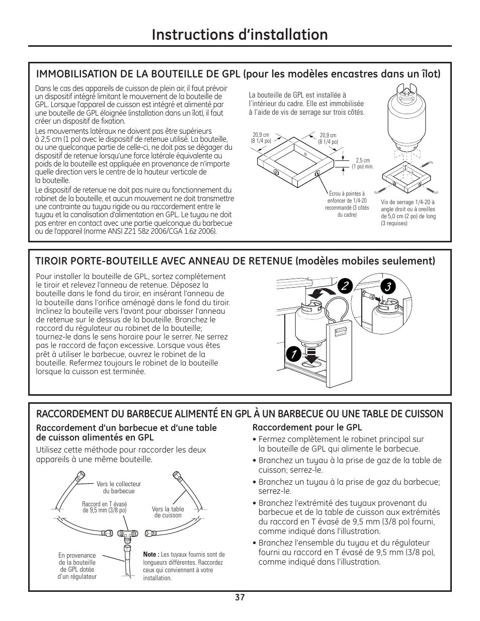 Immobilisation de la bouteille de gpl, Tiroir porte-bouteille avec anneau de retenue, Instructions d’installation | GE ZGU122N User Manual | Page 37 / 68