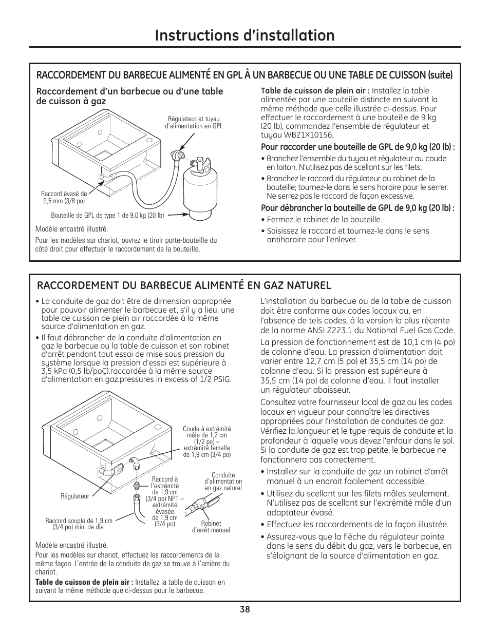 Raccordement du barbecue alimenté en gaz naturel, Instructions d’installation | GE ZGU122N User Manual | Page 38 / 68