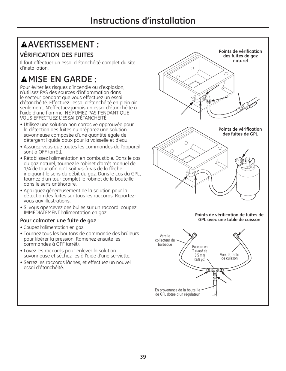 Vérification des fuites, Instructions d’installation, Avertissement | Mise en garde | GE ZGU122N User Manual | Page 39 / 68
